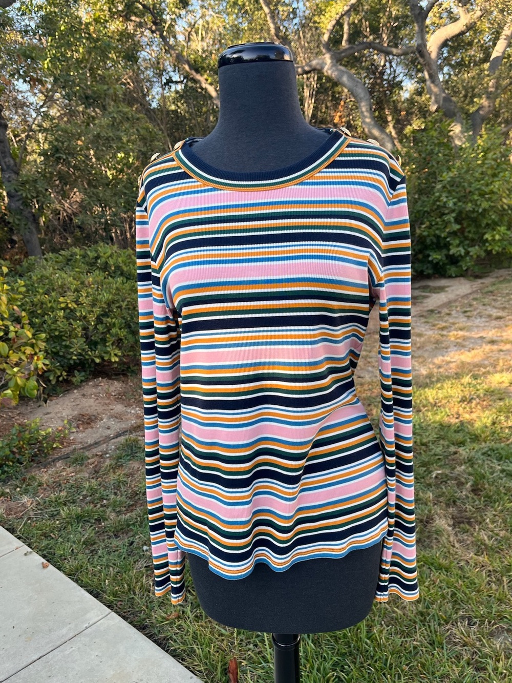 Veronica Beard Long Sleeve Striped Tee in Pink, Navy, Green, Yellow